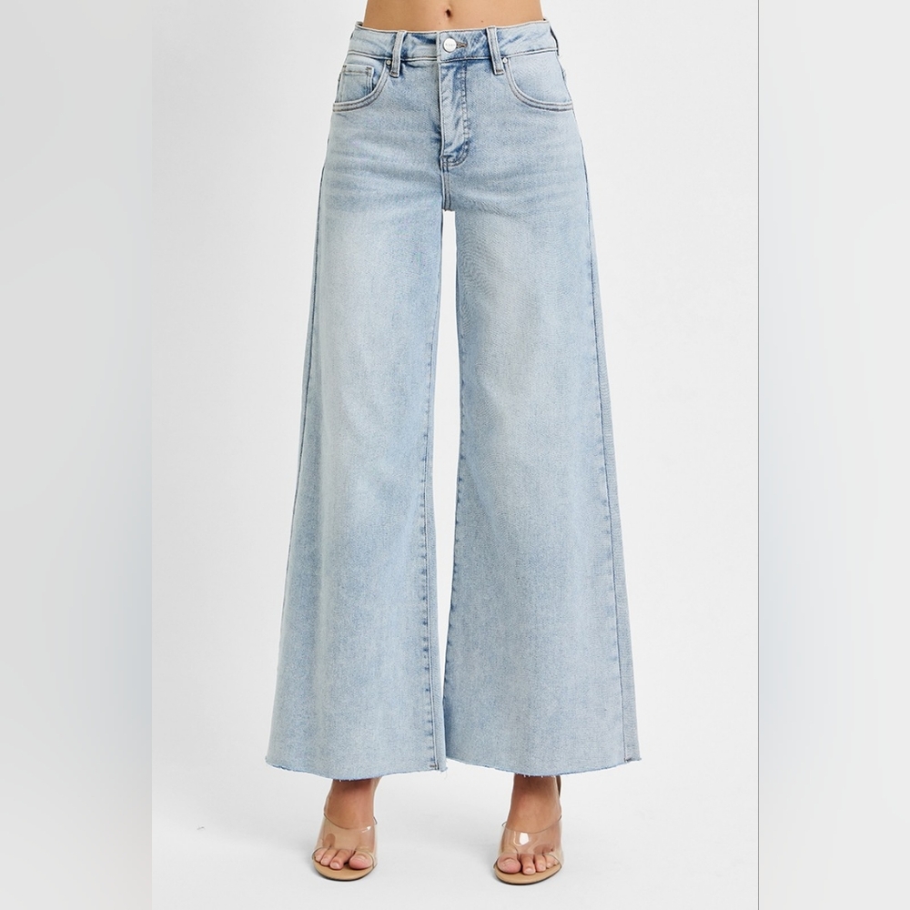 RISEN Palazzo High-Rise Ultra Baggy Wide Leg Cropped Ankle Jeans Denim Pants - Picture 11 of 16